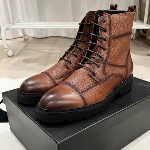 Zanzara Zagori Cognac Leather Lug Sole Blocking Accent Lace Up Boots